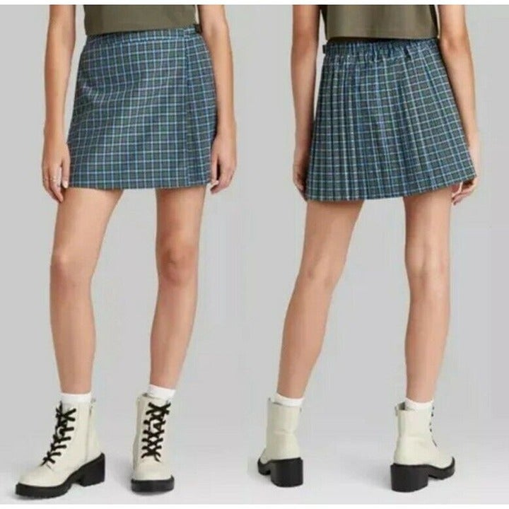 Wholesale price NWT Wild Fable Pleated A-line Plaid Mini Skirt Size Small Blue & Green GqQRcZnyi outlet online shop
