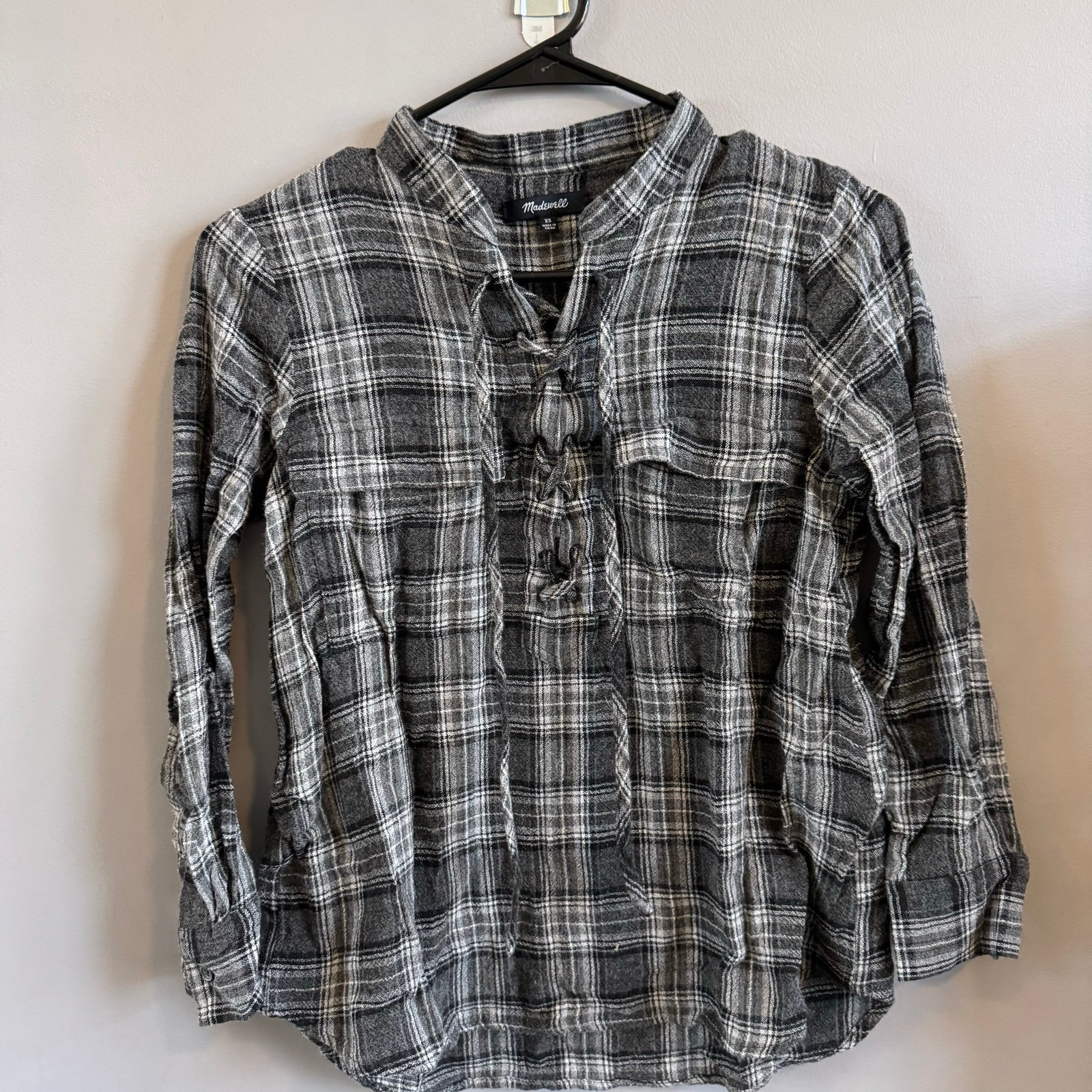 Nice Madewell Flannel Lace Up Black & Grey Top OSCcaOCX