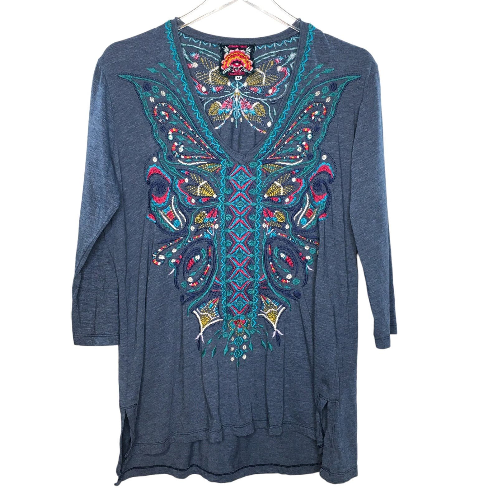 big discount Johnny Was M Blue Embroidered Floral Top V