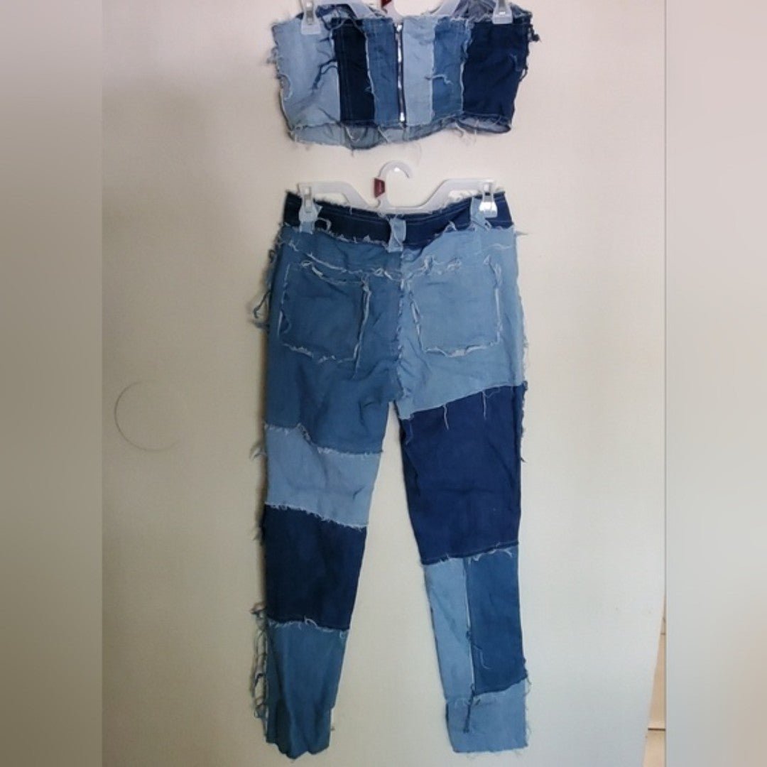 where to buy  Fashion Nova You Complete Me Patchwork Denim Pants Set Blue Combo Size Medium LjArKjpL2 Hot Sale