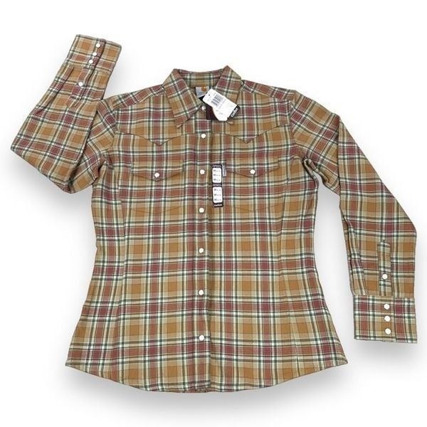 floor price Carhartt Top Womens Medium M Tan Plaid Flannel Long Sleeve Button Front Shirt PPfqLiKhc Wholesale