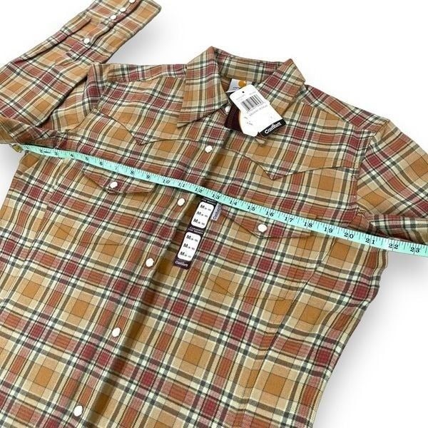 floor price Carhartt Top Womens Medium M Tan Plaid Flannel Long Sleeve Button Front Shirt PPfqLiKhc Wholesale