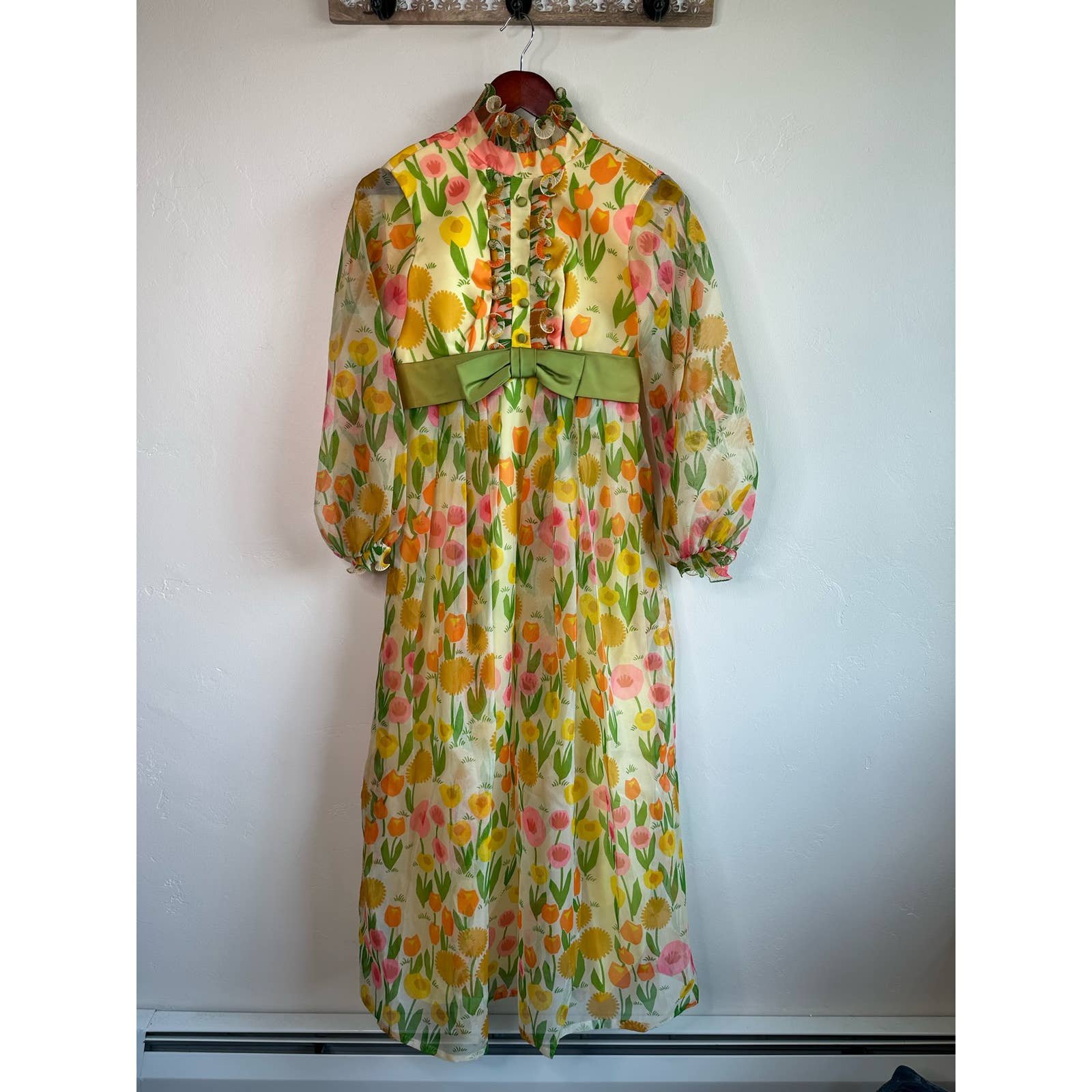 large discount Vintage Rare Sheer Floral Ruffle Button Maxi Dress l4so3UzsY Counter Genuine 