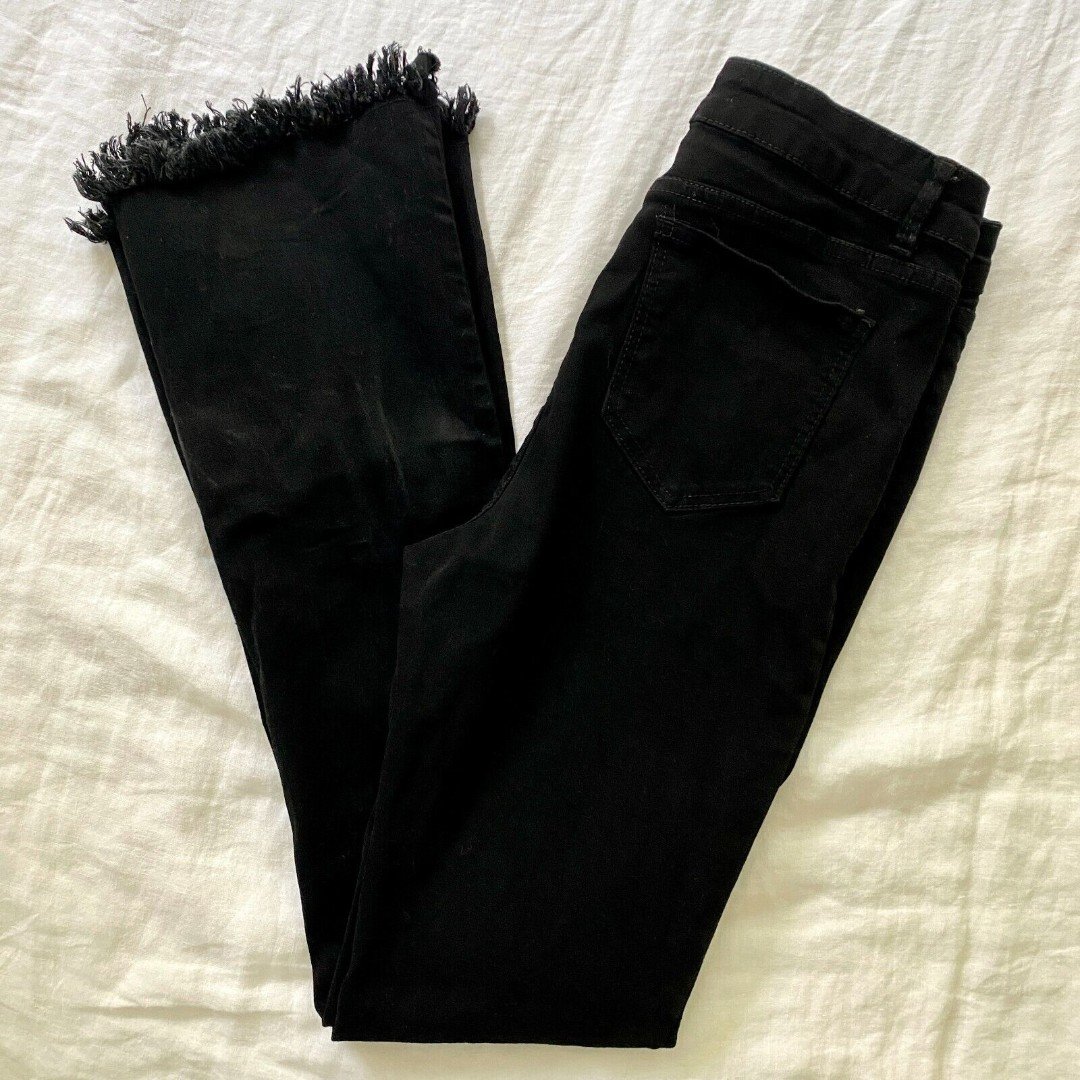 large selection LeV Jeans Black Denim Flare Leg High Rise Raw Hem Distressed Jeans 11 mKIIDKzax Discount