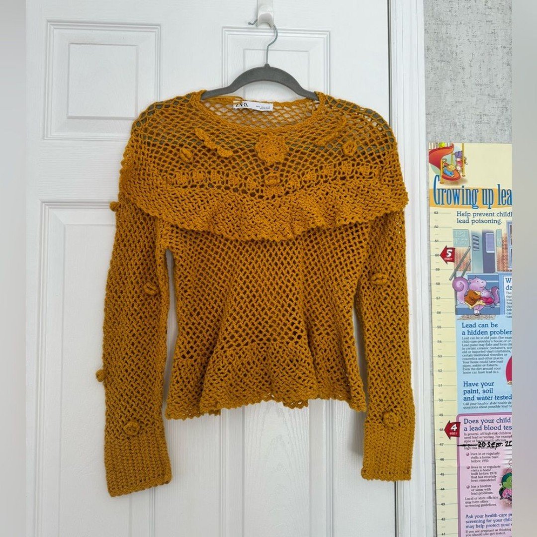 reasonable price ZARA women’s knitted crochet top long sleeve Small mustard yellow IK9gCNUf3 Fashion