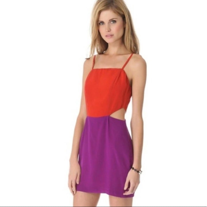 large discount Colorblock Cutout Side Slip Silk Dress L