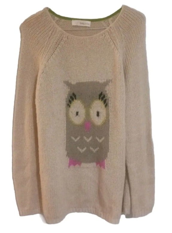 Promotions  Rewind Owl Knit Pullover Sweater Beige Baggy Oversized Boho Hippy Festival Sz L GvkD30I7F on sale
