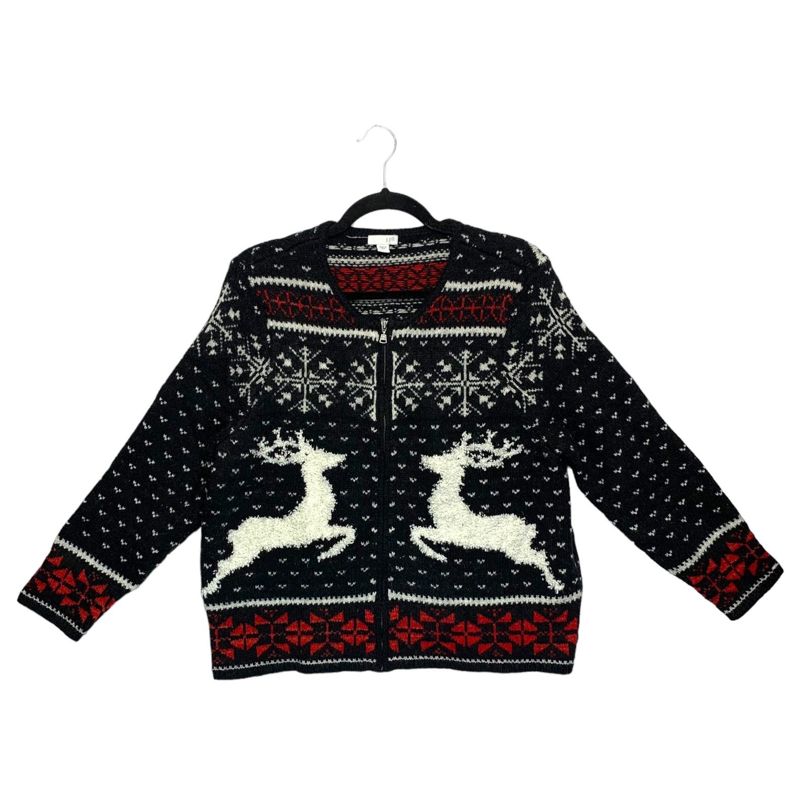 cheapest place to buy  J. Jill Deer Valley Holiday Reindeer Wool Full Zip Sweater Women´s Sz LP Black OLiucXuTh just for you
