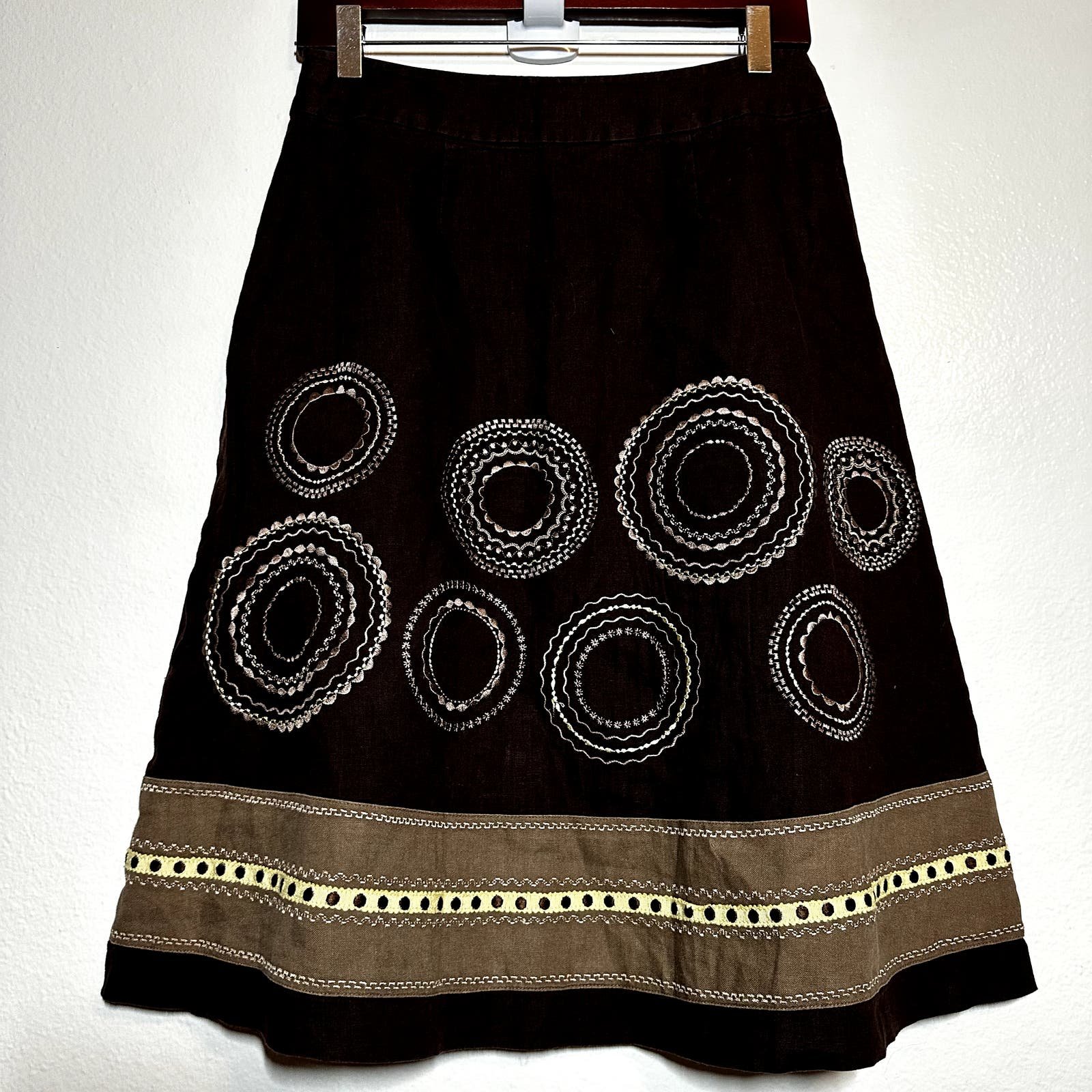 Gorgeous VTG Talbots A-Line Midi Skirt 100% Linen Geometric Embroidered Flowy Brown 2 oYycEdEdc well sale