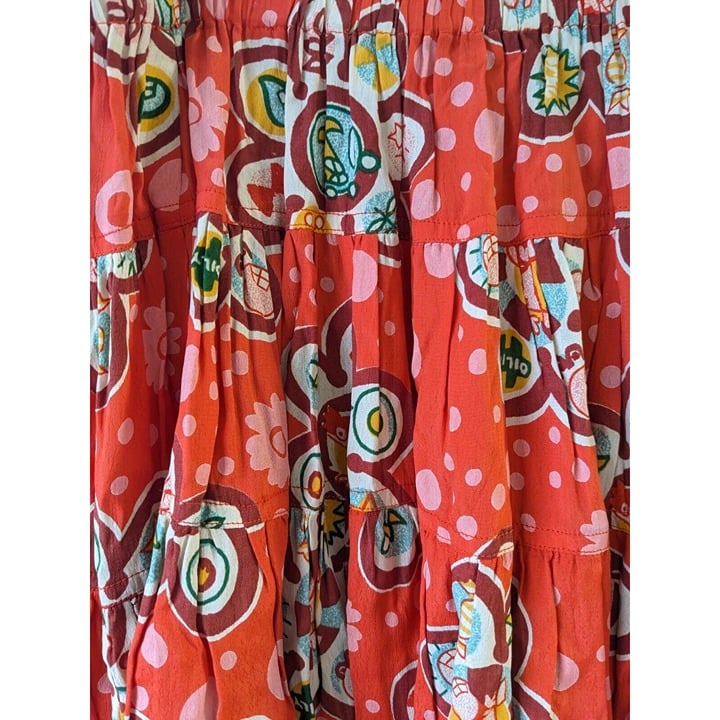 cheapest place to buy  Oiliy Size Medium Tiered Midi Skirt Red Abstract Print Elastic Waist Full Length P4N3uKRjH Cheap