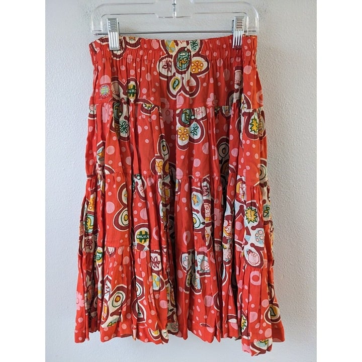 cheapest place to buy  Oiliy Size Medium Tiered Midi Skirt Red Abstract Print Elastic Waist Full Length P4N3uKRjH Cheap