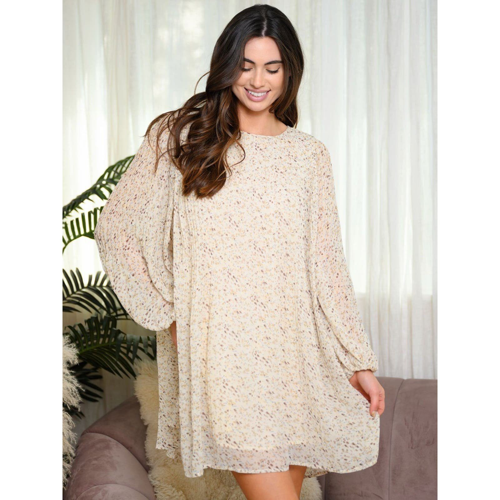high discount Cream Long Sleeve Floral Tunic Dress M lIngLMF91 Cool