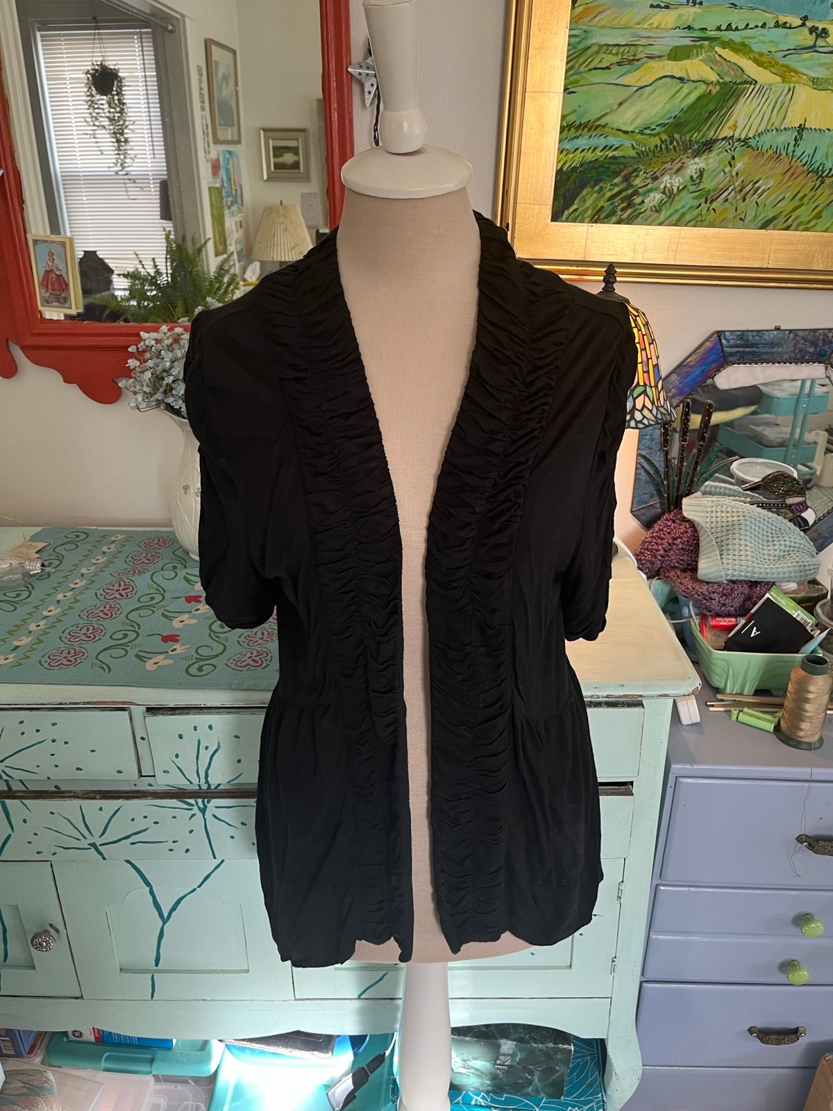 large selection Short Sleeve Cardigan Top L Black Rayon Fitted Open Front VGUC j1v57AQ3W Great