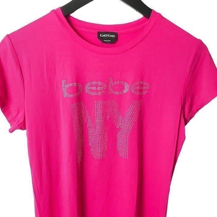 large discount Y2K Vintage Bebe NY T Shirt Tee Rhinestones Top Short Sleeve Solid Logo Print L mQKEKbM2c US Sale