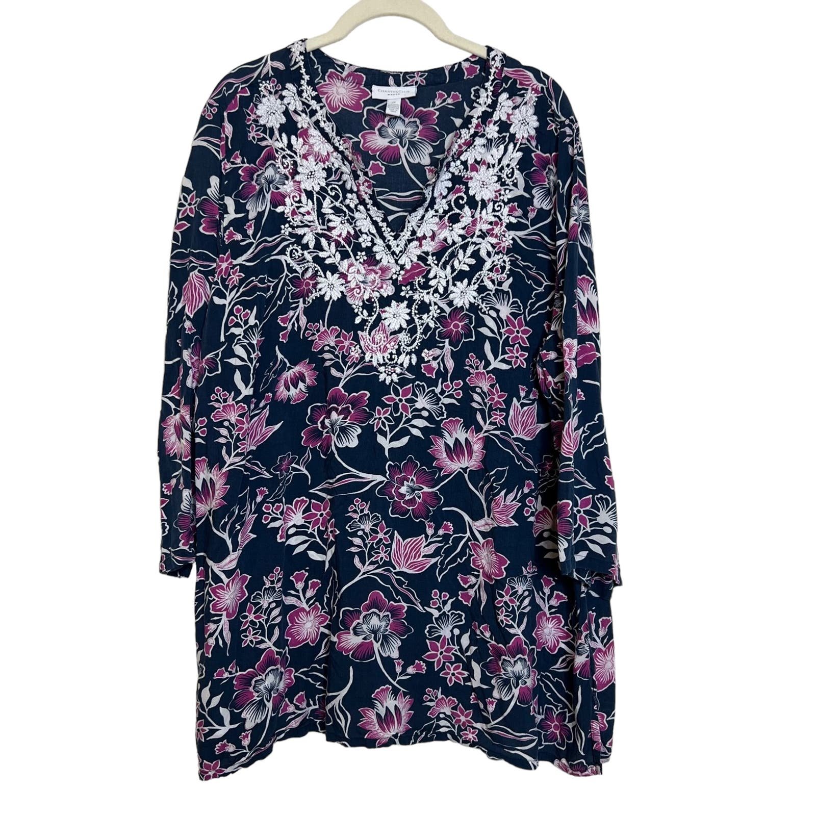 Buy Charter Club Woman Tunic 2X Blue Pink Floral Embroi