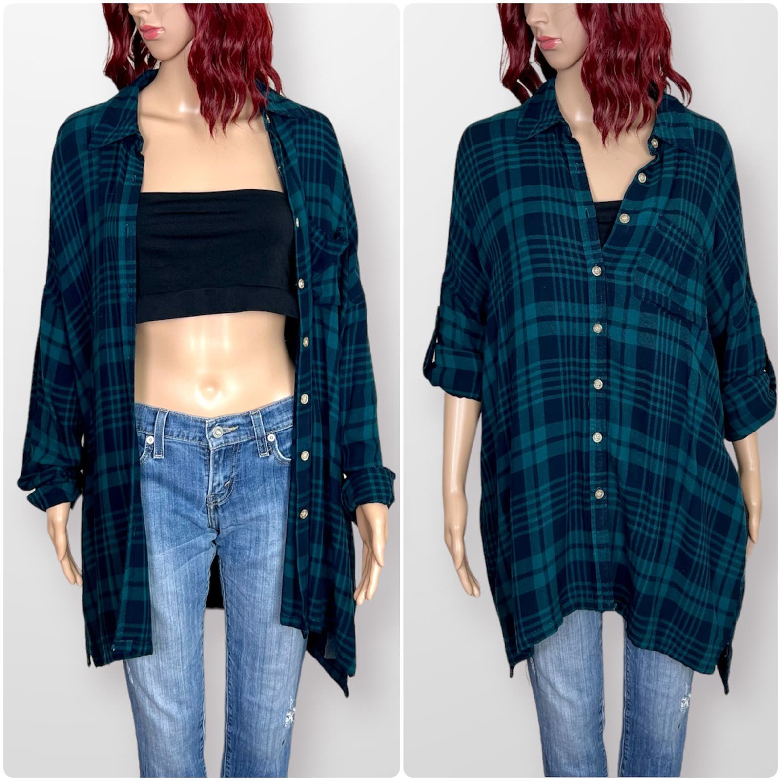 Elegant Entro Plaid Flannel Long Button Down Top Womens Small Green Black Pockets Tunic NZxeWPKQW online store