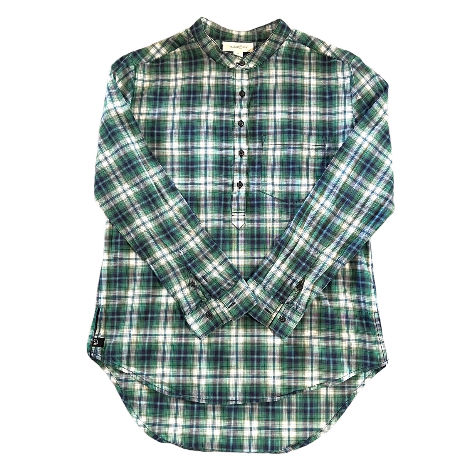 big discount Treasure & Bond Green Plaid Half Button Shirt Women’s Size XS mRB4HffP7 Store Online