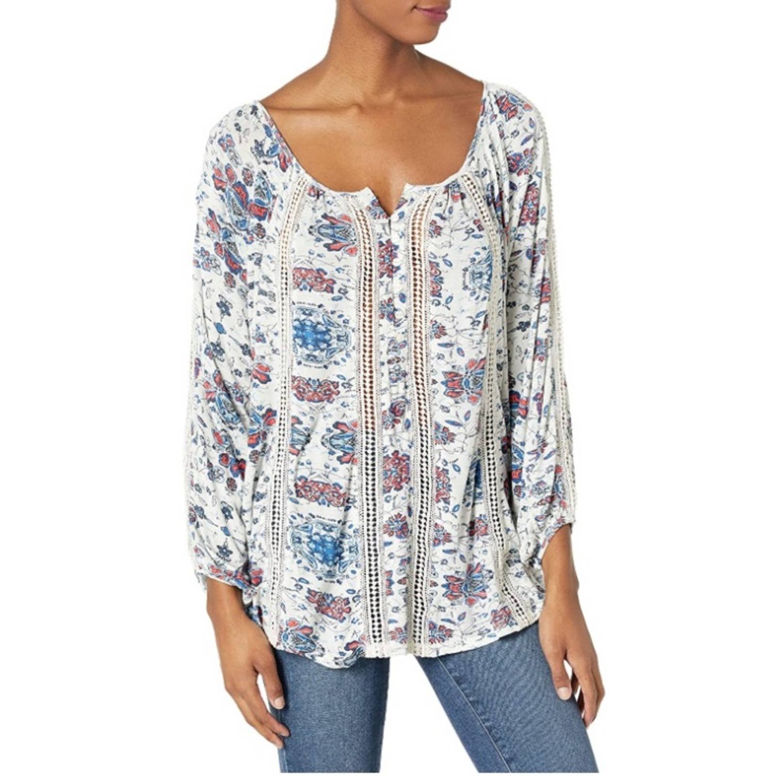 Latest  Lucky Brand Peasant Boho Embroidered Floral Whi