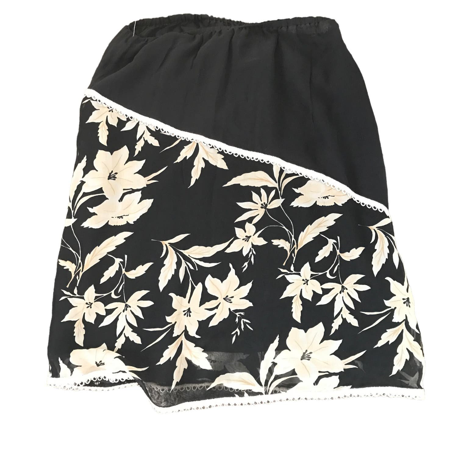 Authentic Quo Silk 100% Silk Black And Cream Floral Color Block Sheer Skirt US SZ M N50GZqT3Y High Quaity