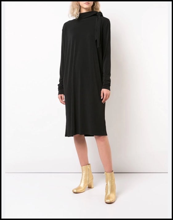 Comfortable By Malene Birger Gulia Black Long Sleeve Shift Dress  With Bow Tie Style Neck M hho82m4x9 no tax