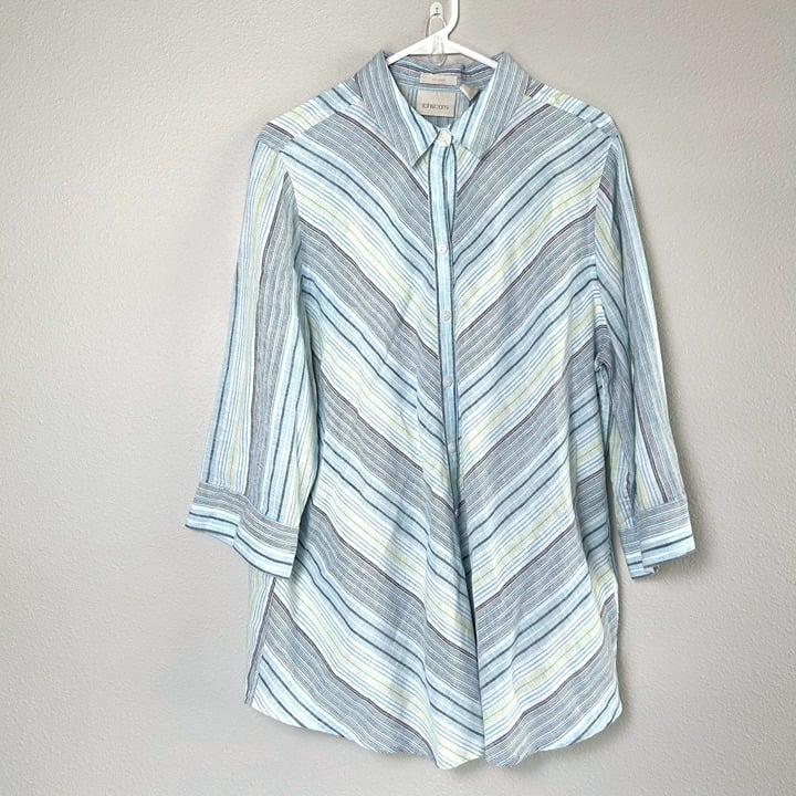 the Lowest price Chicos Top Womens Size 3 XL Blue White Chevron Striped Button Up No Iron Linen hgkgm56lc Low Price