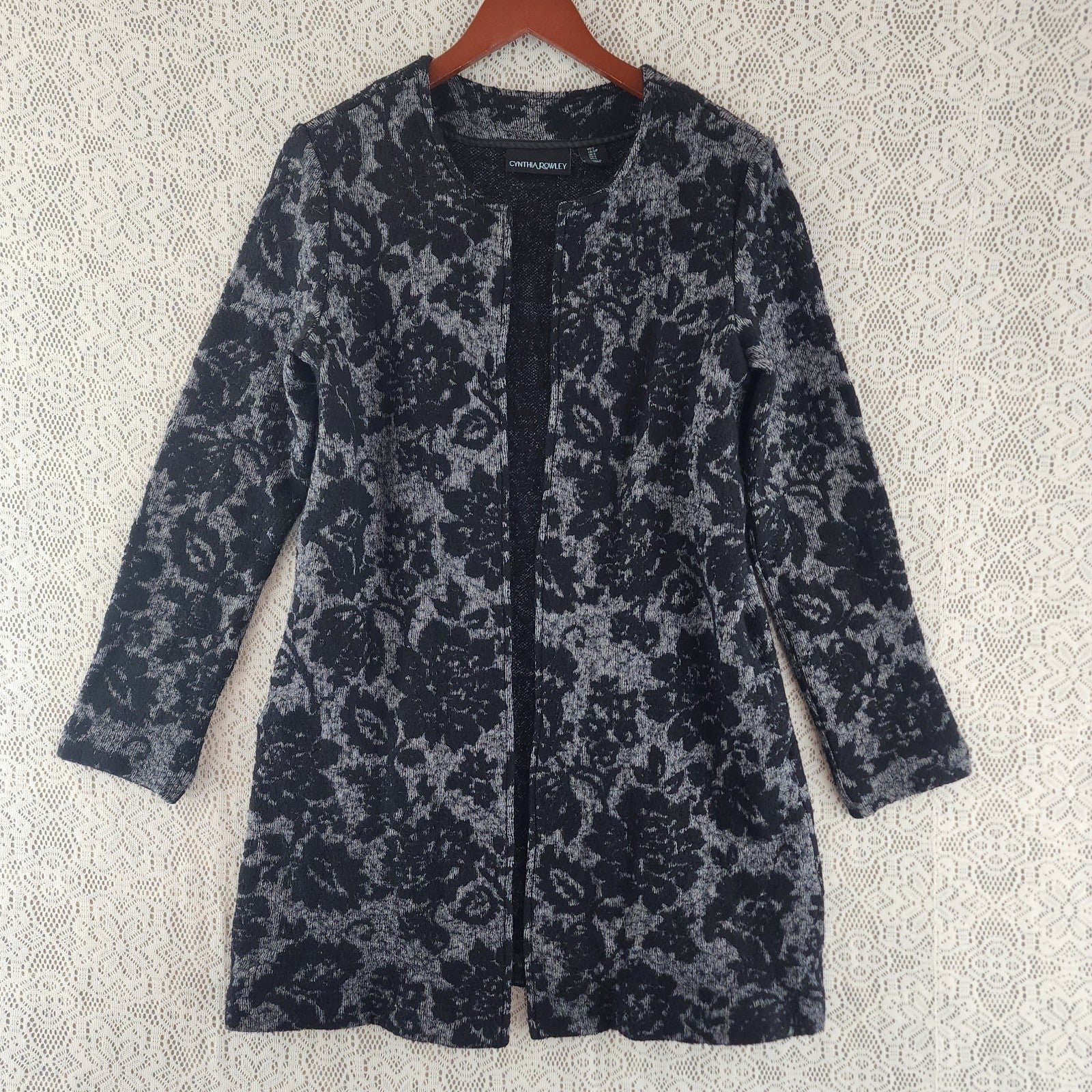 Classic Cynthia Rowley Wool Blend Floral Textured Open Front Long Sweater Cardigan S IyH9FNsgY for sale