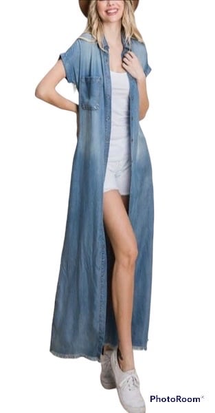 Popular Sneak Peak Tencel Chambray Denim Blue Belted Long Slit Midi Shirt Dress lq45XZJRR New Style