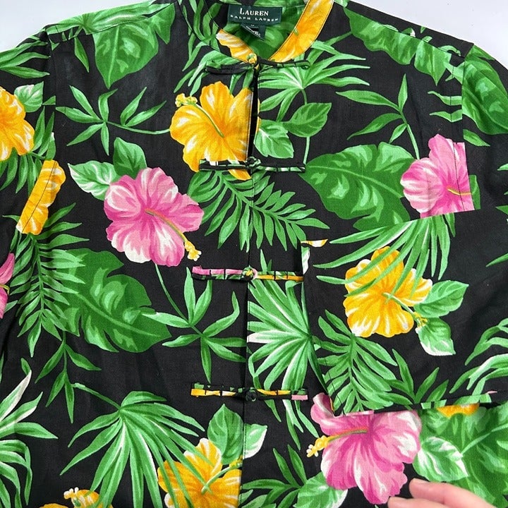Custom Lauren Ralph Lauren Top Womens M Green Floral 3/4 Sleeve Tunic Linen Tropical n9jIwEjlb well sale