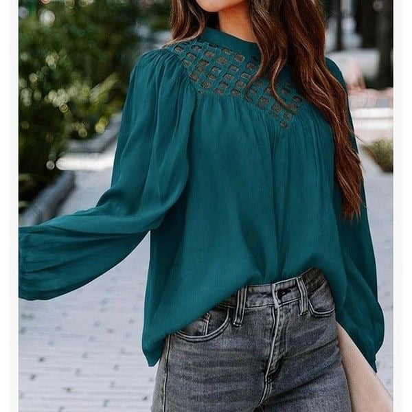 where to buy  Crewneck Lace Crochet Hollow Out Long Sleeve Blouse In Malachite Green JVV5isrmz US Outlet