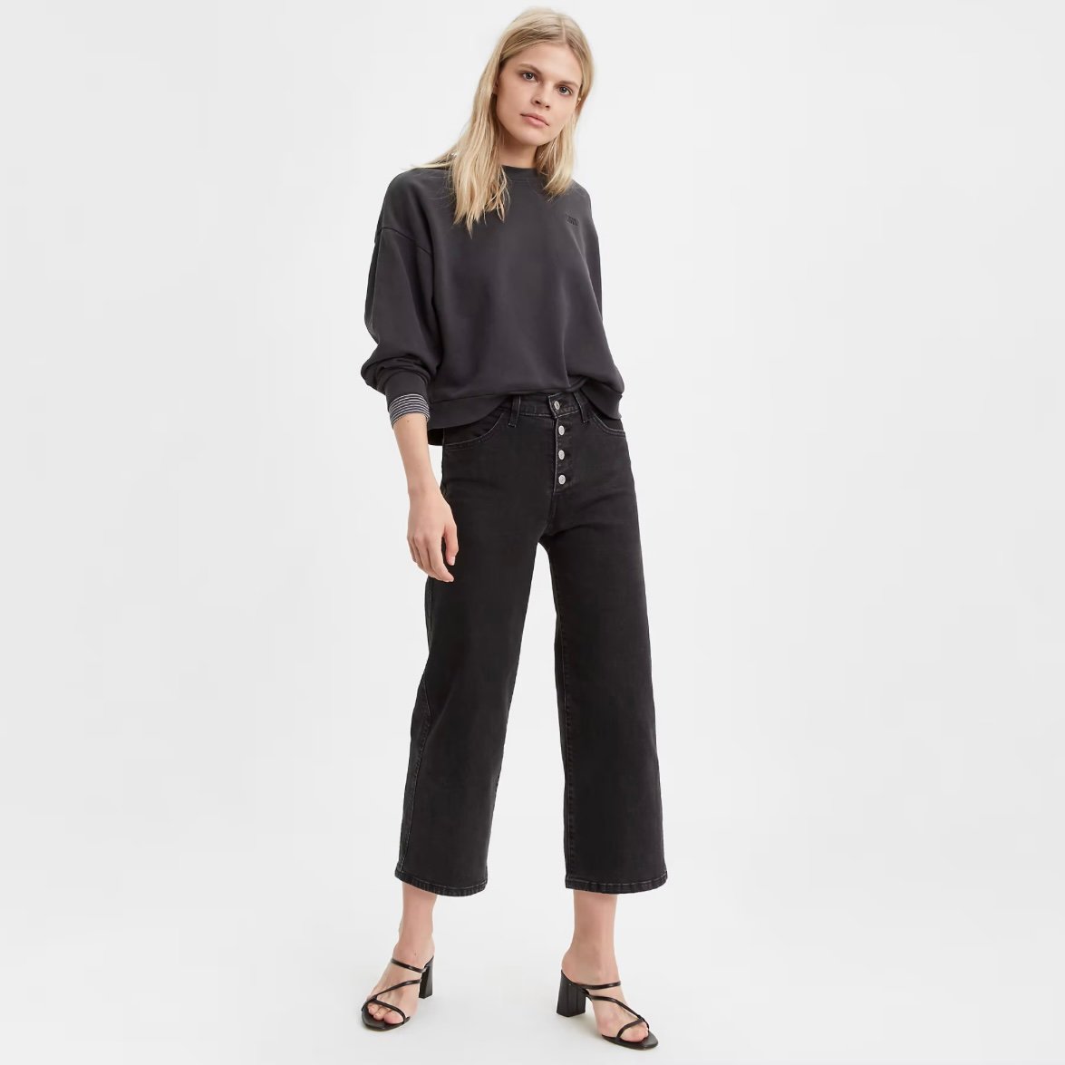 where to buy  LEVIS Black Dark Grey High Rise Button Fly Mile High Cropped Wide Leg Jeans lLPy2M71x Store Online