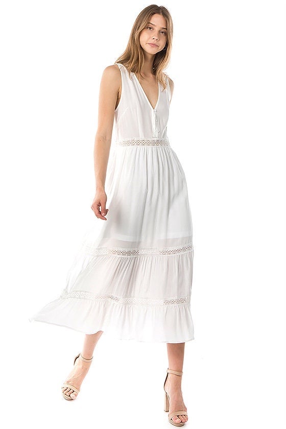 Simple White long maxi beach dress, vacation dress litn