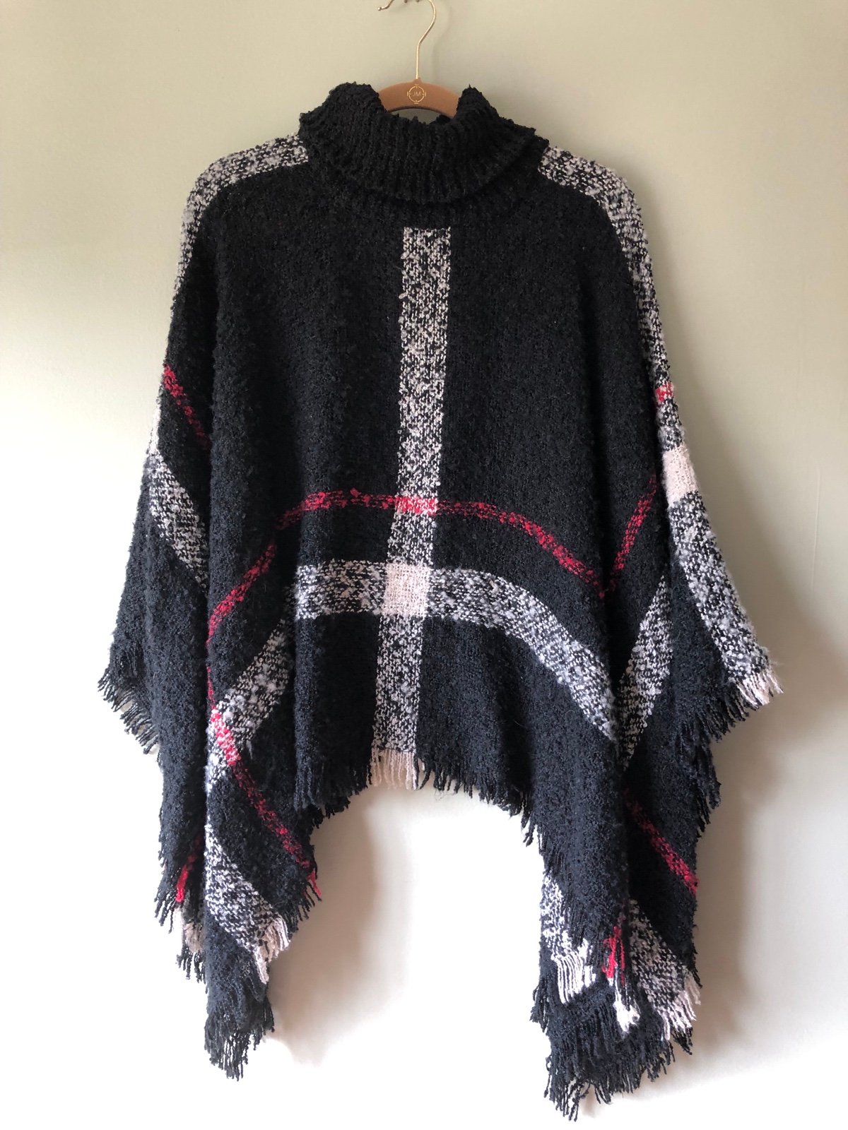 Simple Black, Red and White Knitted Plaid Turtleneck Poncho with Fringe j2kL8mxVB Store Online