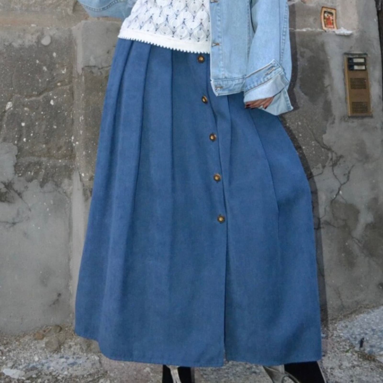 Cheap Vintage Darise Pleated Denim Midi Skirt Size 28 I