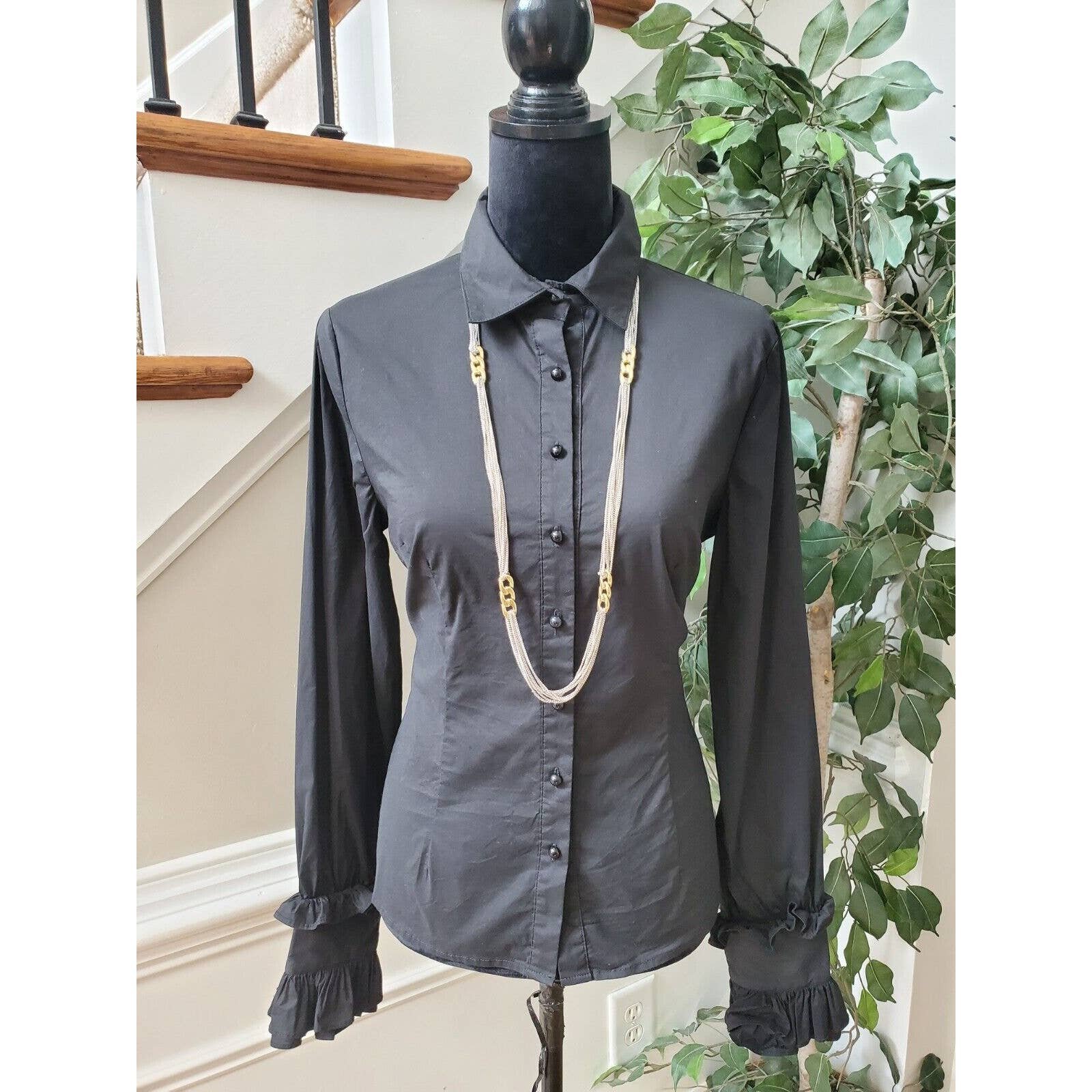 Nice Nylon Women´s Black Cotton Long Sleeve Collared Button Down Casual Shirt Large i6MJbjeUP no tax