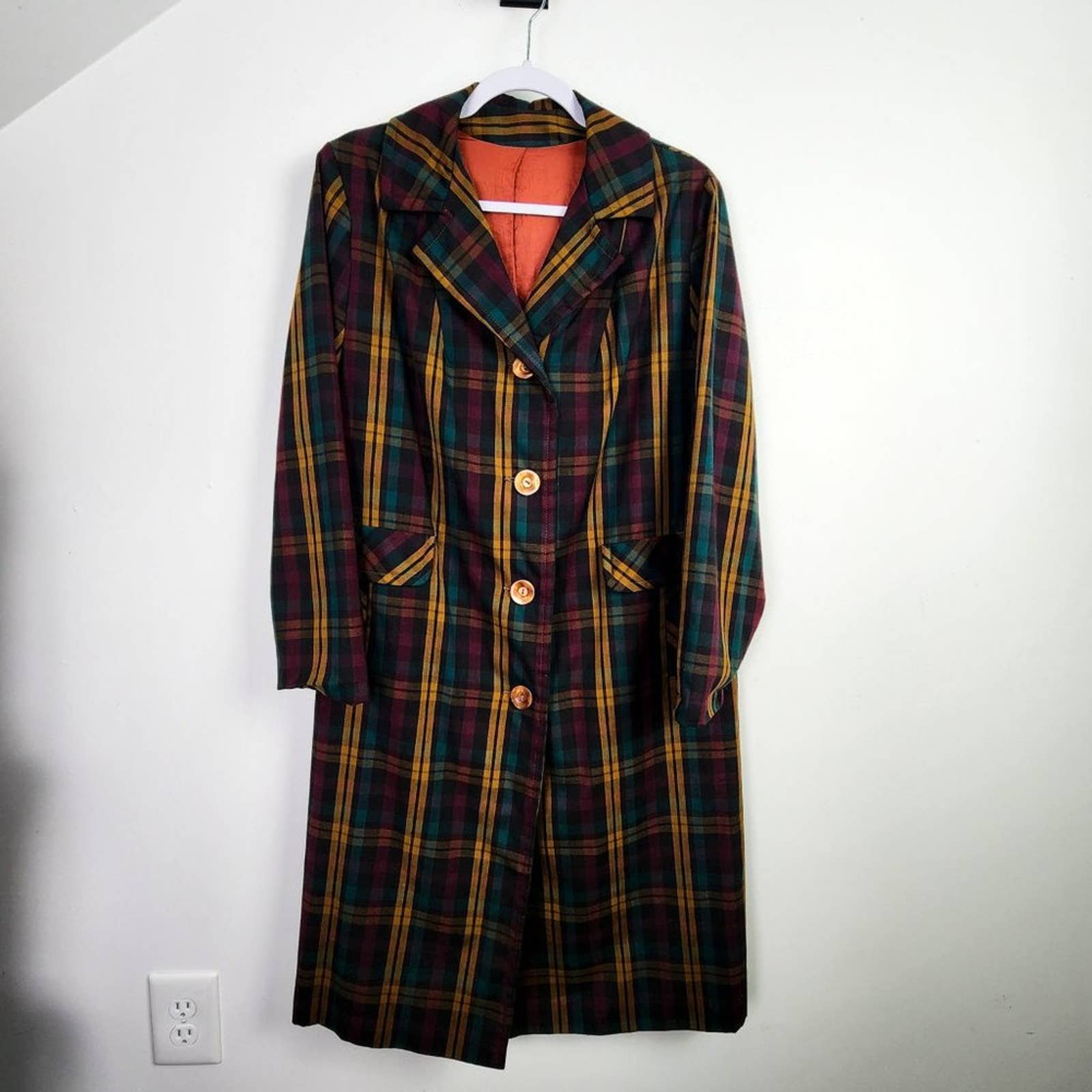 High quality Vintage Plaid Trench Coat Size Medium 70s Retro Colorful Dark Academia Spring mNccEKISm Cheap