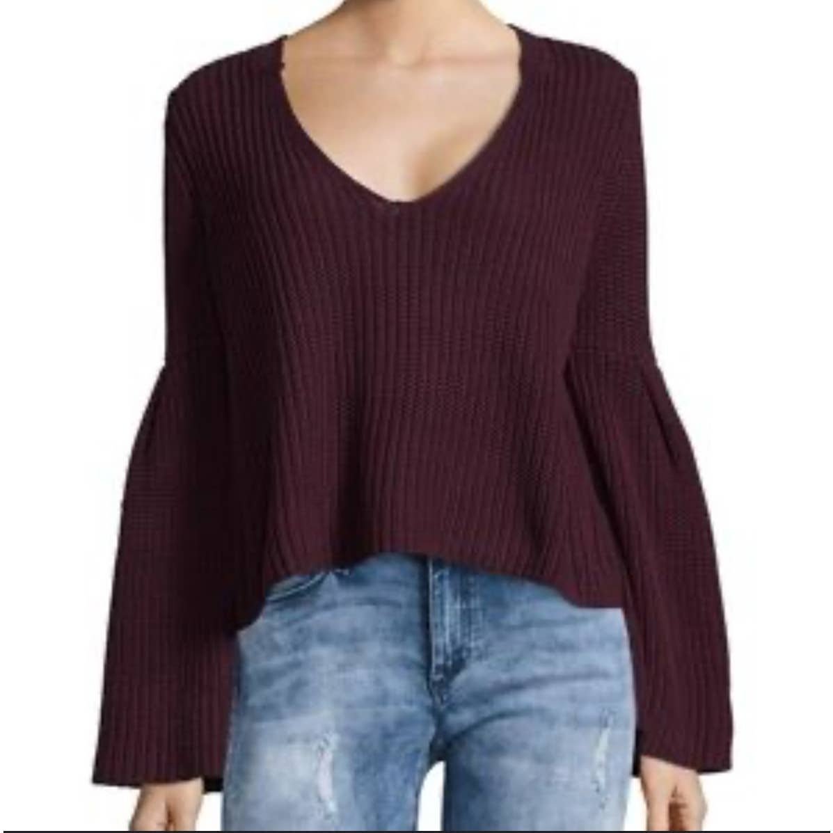 Wholesale price Free People Damsel Bell Sleeve deep purple Pullover Cropped Knit Sweater M fv7VPjRzS outlet online shop