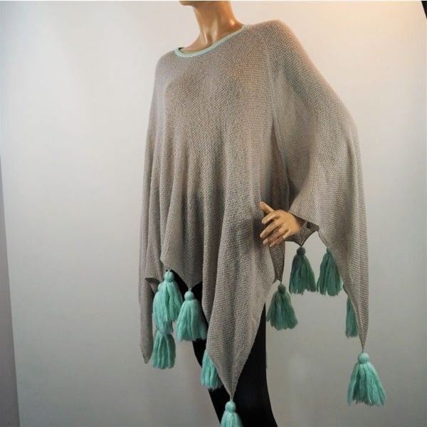 Nice Z&L Gray Acrylic Poncho With Teal Tassels Women Si
