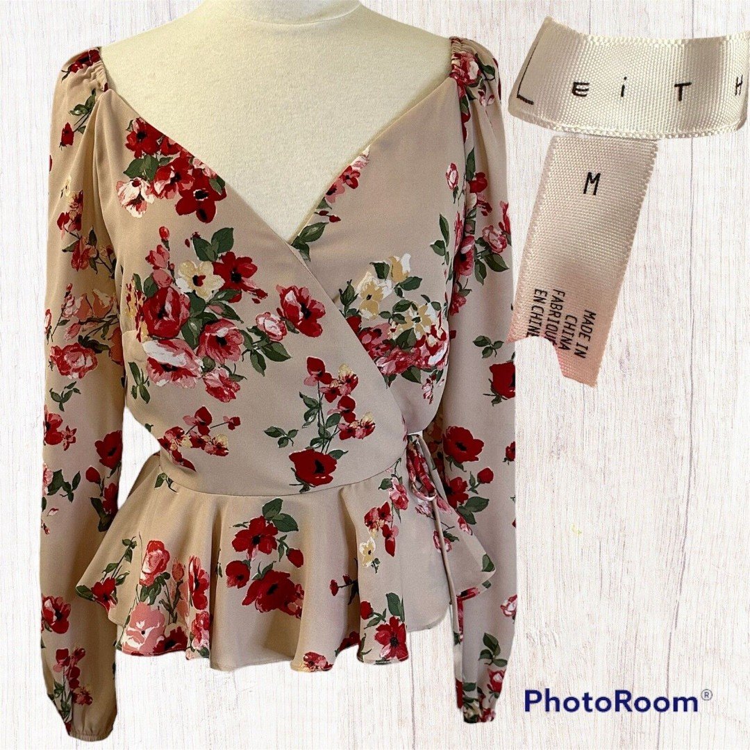 Classic NWT-Leith Womens Blush Floral Long Sleeve Wrap Peplum Shirt Size M pK57MIvcG US Sale