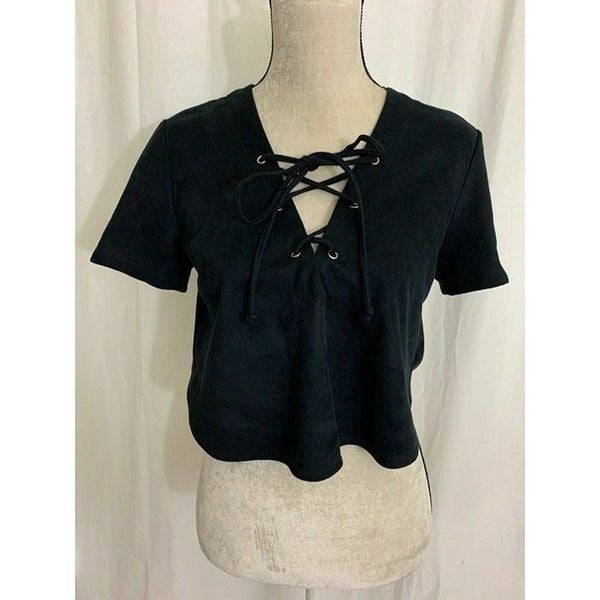 high discount Cotton Candy Womens Solid Black Faux Suede Lace Up Short Sleeve Crop Top Small iYbYejGuD Online Shop