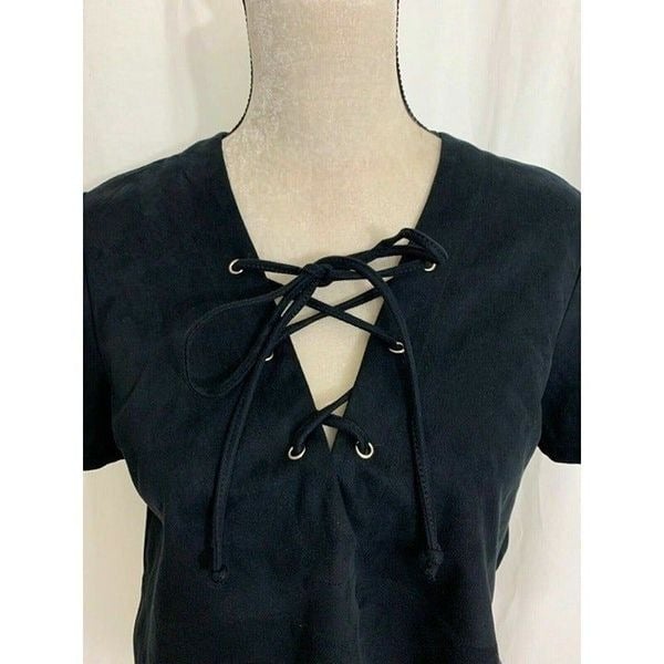 high discount Cotton Candy Womens Solid Black Faux Suede Lace Up Short Sleeve Crop Top Small iYbYejGuD Online Shop