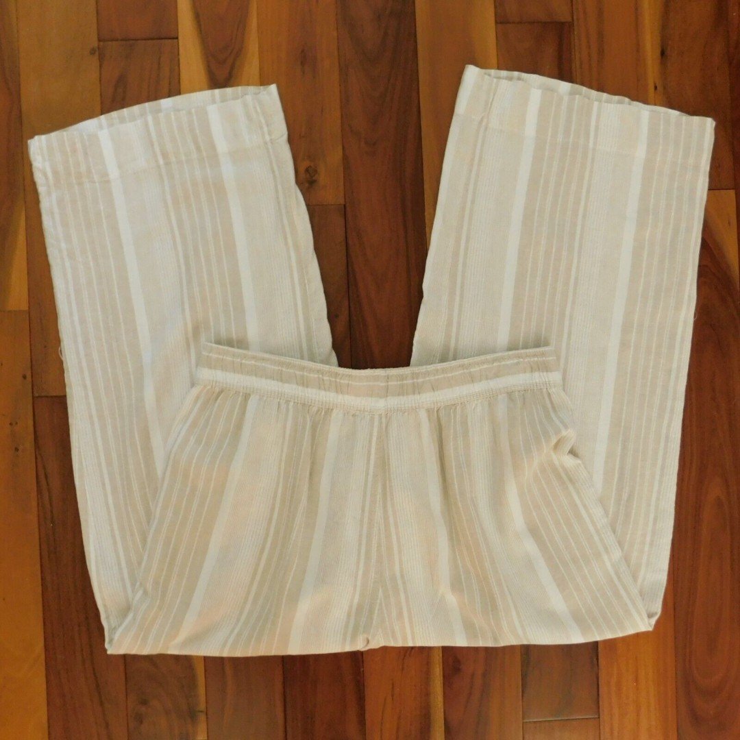 where to buy  Tahari Women Linen Blend Capri Crop Wide Leg Pants Large Stripe Beige EUC L9KdQmLpB hot sale