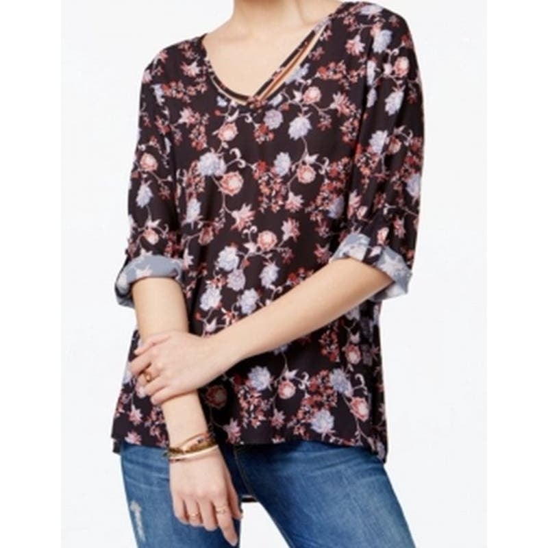 Affordable Hippie Rose Black Floral Roll Tab Sleeve Top