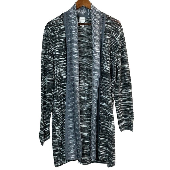 Authentic Chicos 2 Cardigan Sweater Women Large Gray Striped Open Knit Longline Wool Blend KP7biz08u online store