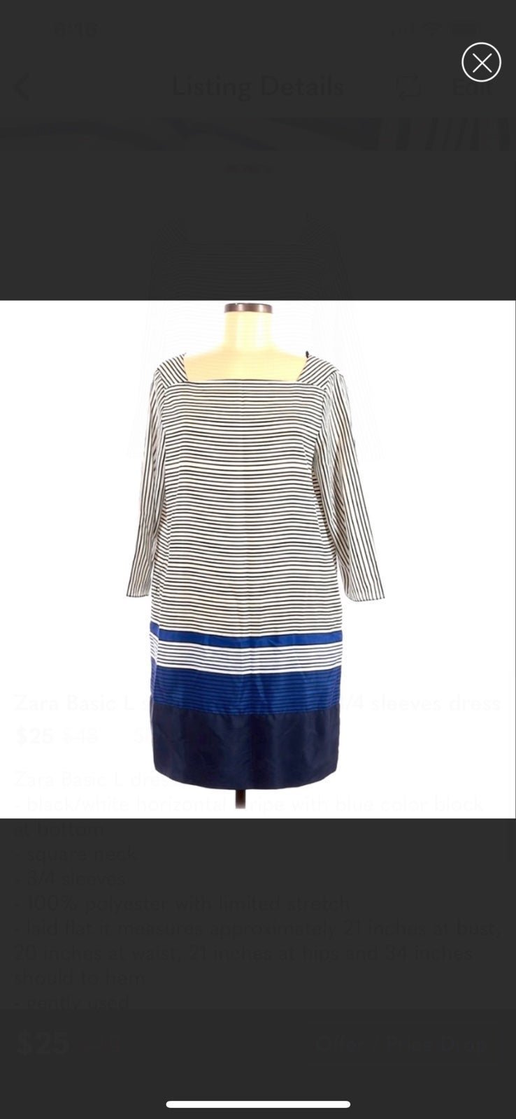 Classic Zara Basic L black/white/blue stripe square neck 3/4 sleeves shift dress HBy5TsbzY just for you