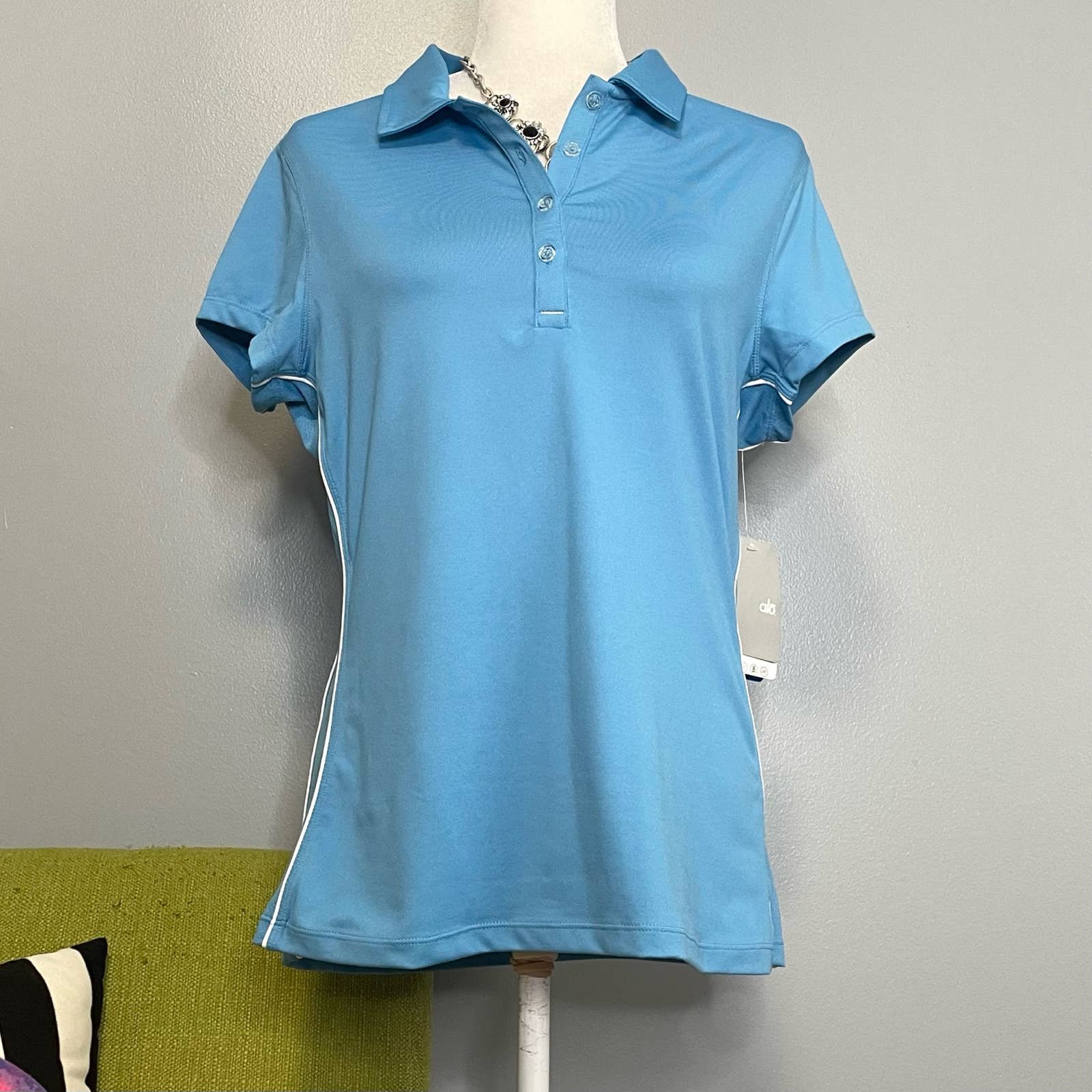 high discount Alo CoolFit Blue Short Sleeve Polo Shirt NEW gvsQFdSmh Cool