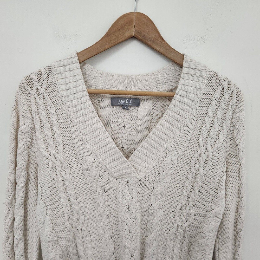 where to buy  MARLED Women´s Creme White Long Sleeve Cable Knit V-Neck Sweater Size M GfRJQUtQT Hot Sale