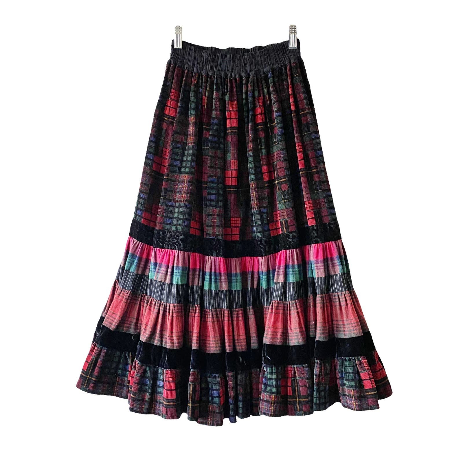 Simple Vintage Womens Plaid Corduroy Tiered Dark Academia Midi Skirt FRbLIJW3J Hot Sale