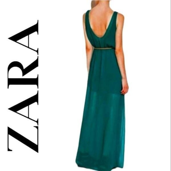 Latest  ZARA TRF TEAL AQUA BLUE GREEN CINCHED WAIST SLEEVELESS V NECK BACK MAXI DRESS XS LnZWCG4bk online store