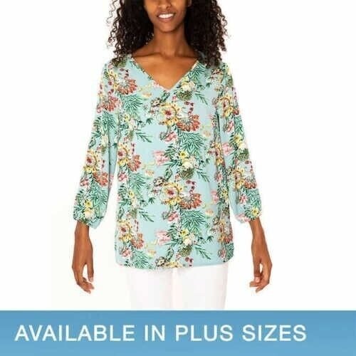 the Lowest price Mario Serrani Womens Top Tunic Blue Floral V-Neck 3/4 Sleeves Lightweight XS b38 PBChOEhnx Online Exclusive