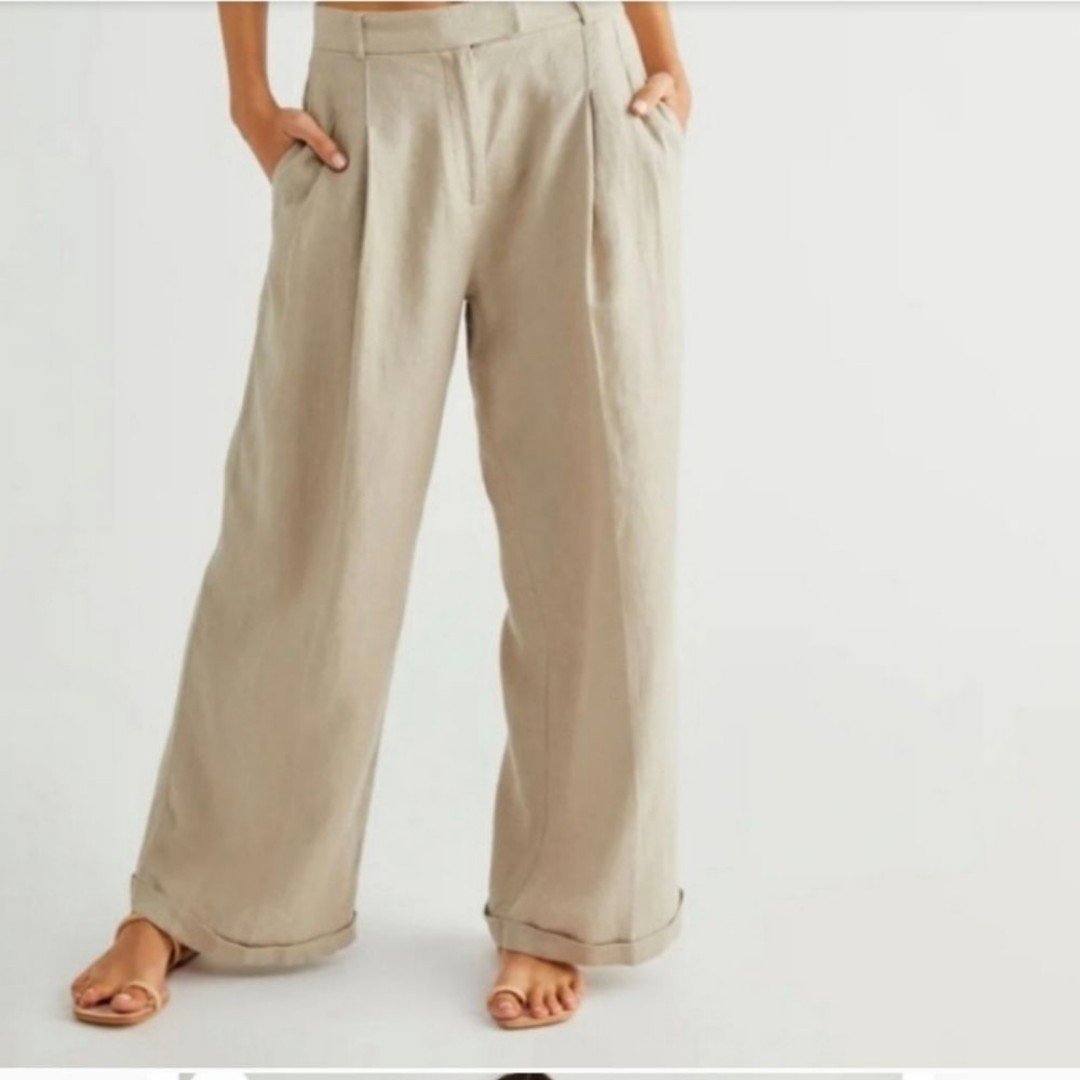 Personality Free People Lyla Linen Trousers tan khaki wide leg Pants 6 j0OMht0gc just buy it